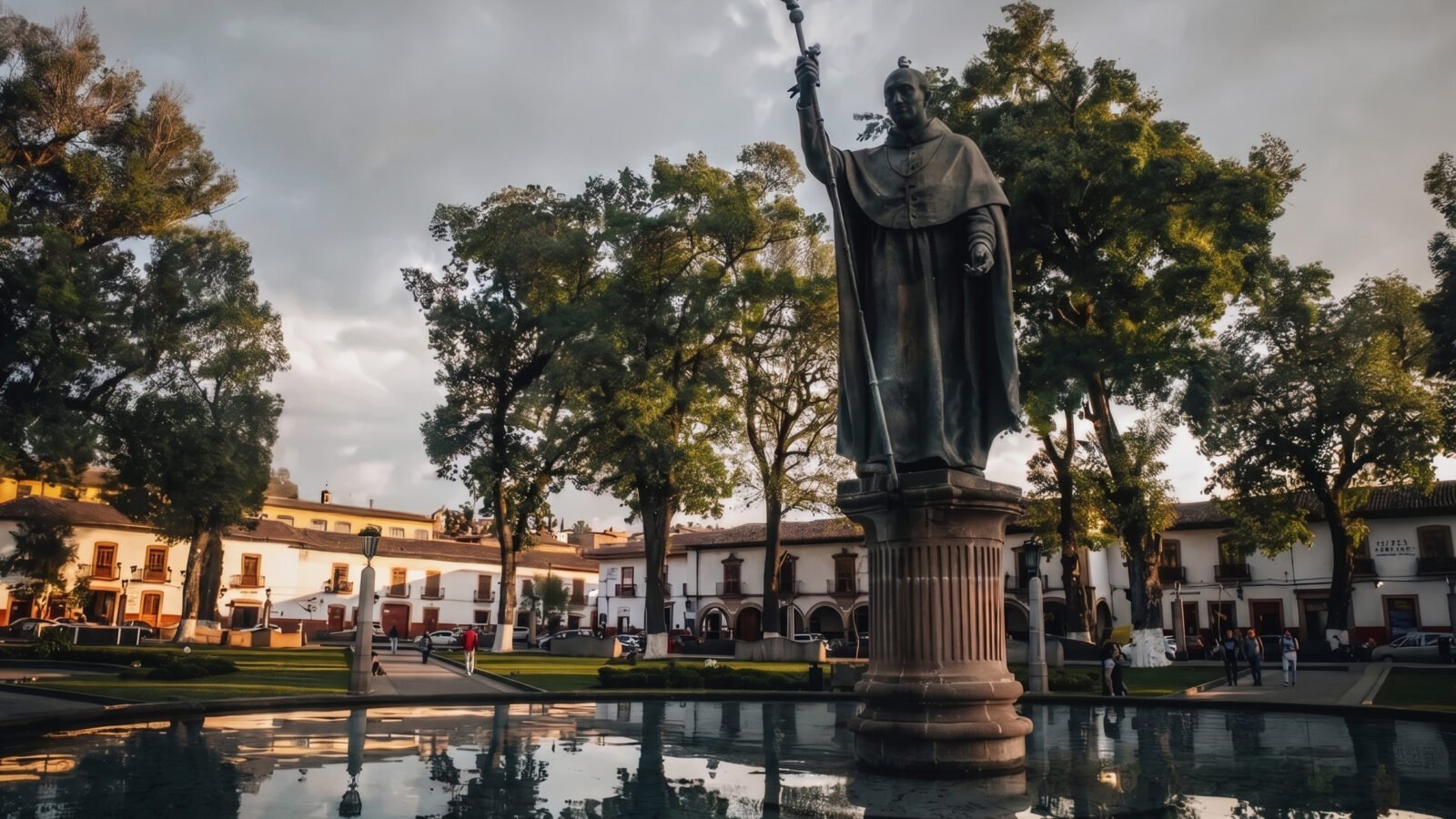 Monumento y plaza arbolada en el centro de Pátzcuaro
